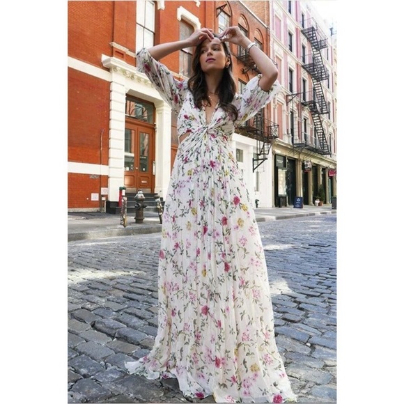 ML Monique Lhuillier Floral Print Pleated Chiffon Puff Sleeve Cutout Maxi Gown 2 - Picture 2 of 11